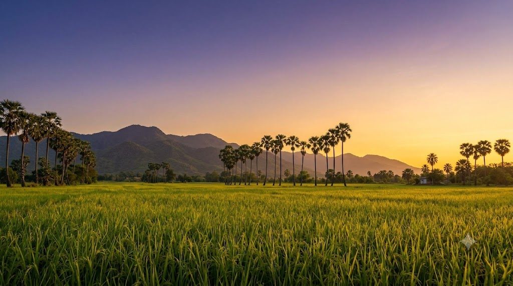 A rice field in Thailand at sunset