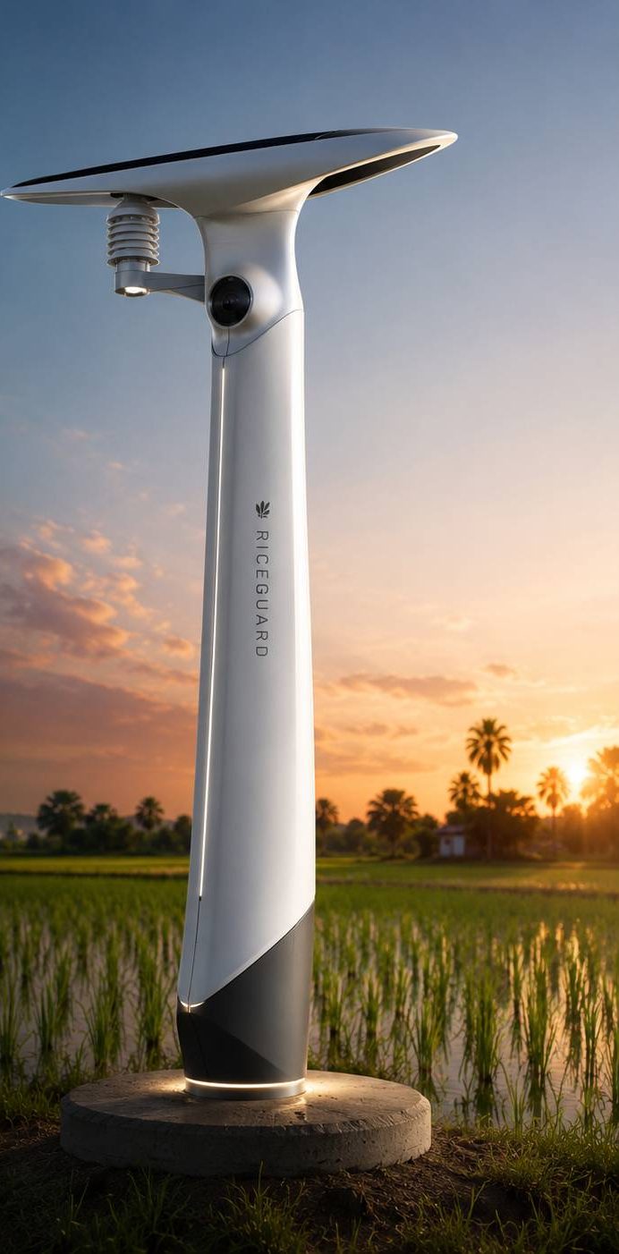 A RiceGuard Sentinel pole standing in a rice field at sunset